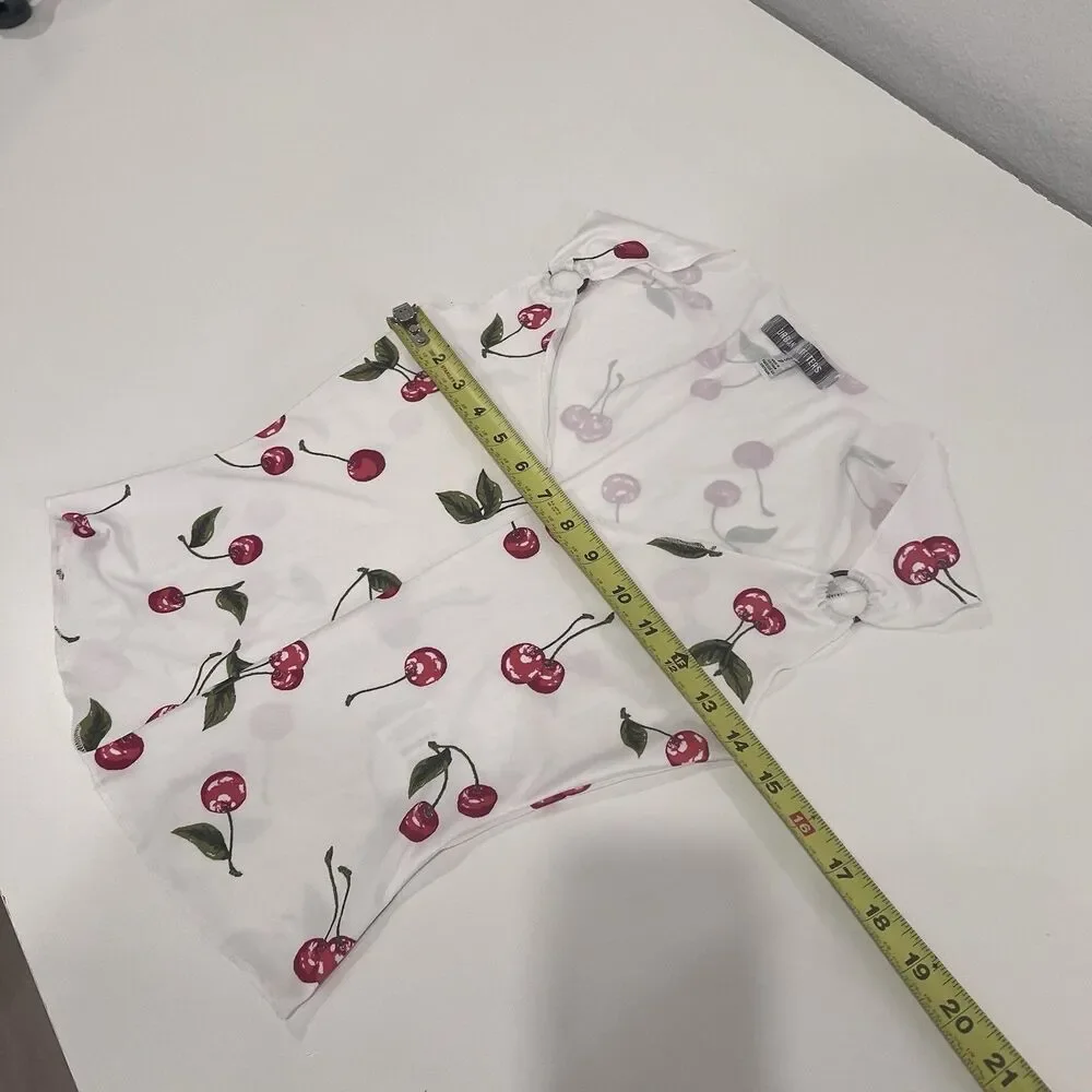 urban outfitters Women’s White Tank Top Cherry Print Shoulder Detail Small Y2K - Picture 7 of 8